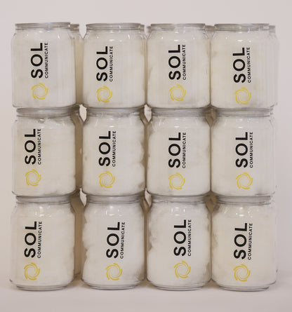 Stack of branded fairy floss cans with business logo